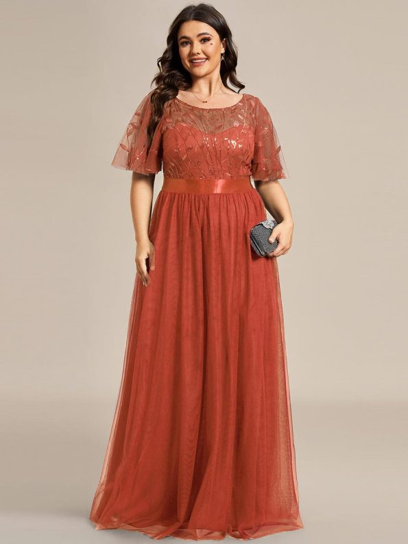 Plus Size Women's Embroidery Evening Dresses with Short Sleeve - Burnt Orange