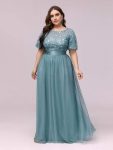 Plus Size Women’s Embroidery Evening Dresses with Short Sleeve – Dusty Blue