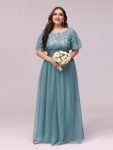 Plus Size Women’s Embroidery Evening Dresses with Short Sleeve – Dusty Blue