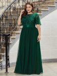 Plus Size Women’s Embroidery Evening Dresses with Short Sleeve – Dark Green