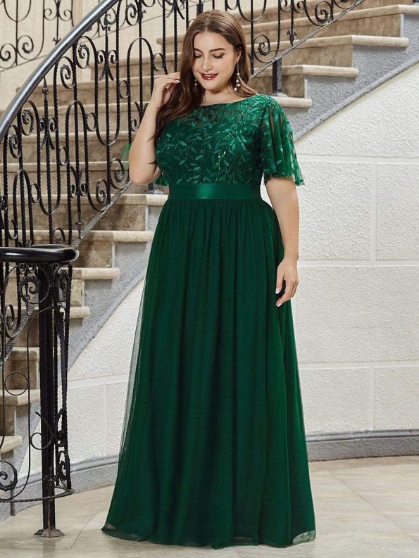 Plus Size Women's Embroidery Evening Dresses with Short Sleeve - Dark Green