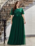 Plus Size Women’s Embroidery Evening Dresses with Short Sleeve – Dark Green