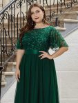 Plus Size Women’s Embroidery Evening Dresses with Short Sleeve – Dark Green