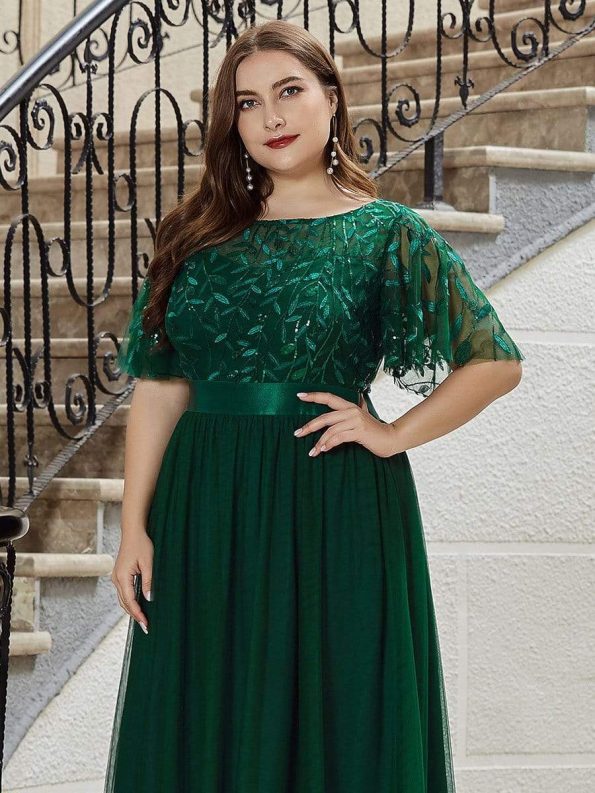 Plus Size Women's Embroidery Evening Dresses with Short Sleeve - Dark Green