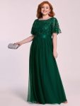 Plus Size Women’s Embroidery Evening Dresses with Short Sleeve – Dark Green