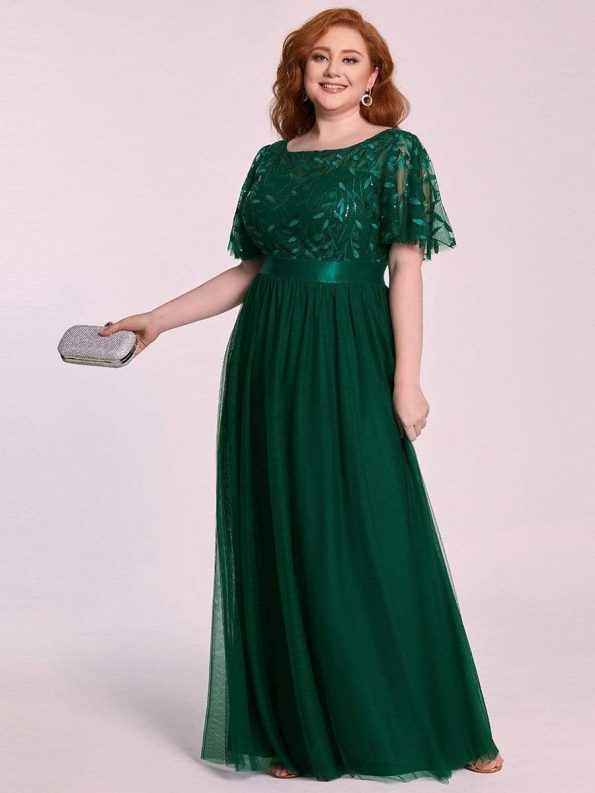 Plus Size Women's Embroidery Evening Dresses with Short Sleeve - Dark Green