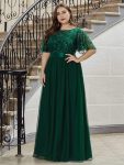 Plus Size Women’s Embroidery Evening Dresses with Short Sleeve – Dark Green