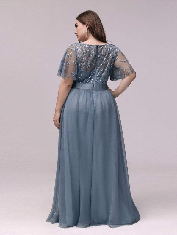 Plus Size Women's Embroidery Evening Dresses with Short Sleeve - Dusty Navy