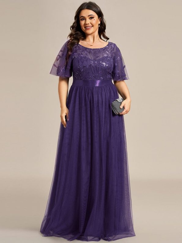 Plus Size Women's Embroidery Evening Dresses with Short Sleeve - Dark Purple