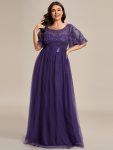 Plus Size Women's Embroidery Evening Dresses with Short Sleeve - Dark Purple