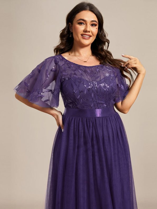 Plus Size Women's Embroidery Evening Dresses with Short Sleeve - Dark Purple