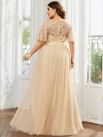 Plus Size Women's Embroidery Evening Dresses with Short Sleeve - Gold