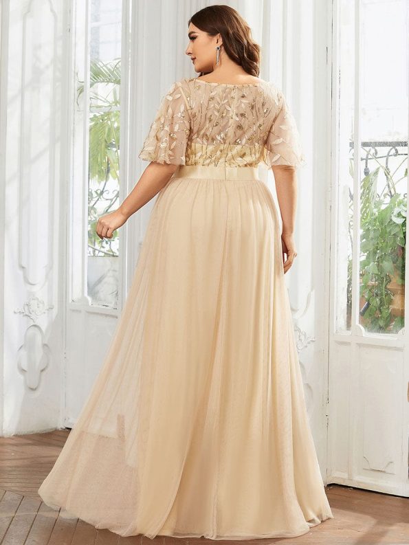 Plus Size Women's Embroidery Evening Dresses with Short Sleeve - Gold