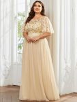 Plus Size Women’s Embroidery Evening Dresses with Short Sleeve – Gold