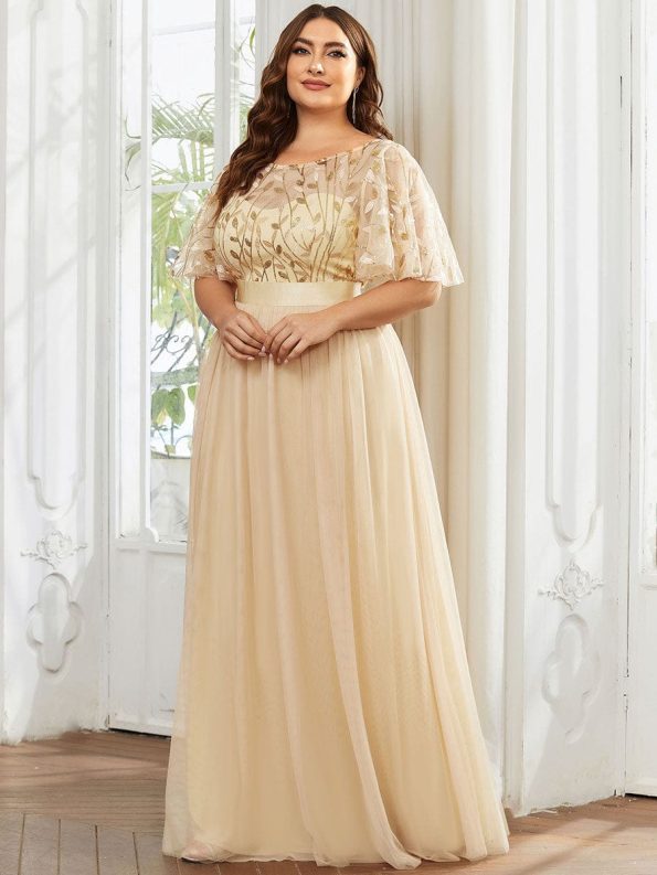 Plus Size Women's Embroidery Evening Dresses with Short Sleeve - Gold