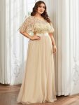 Plus Size Women’s Embroidery Evening Dresses with Short Sleeve – Gold