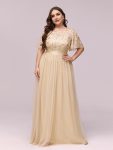 Plus Size Women’s Embroidery Evening Dresses with Short Sleeve – Gold