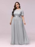 Plus Size Women’s Embroidery Evening Dresses with Short Sleeve – Grey