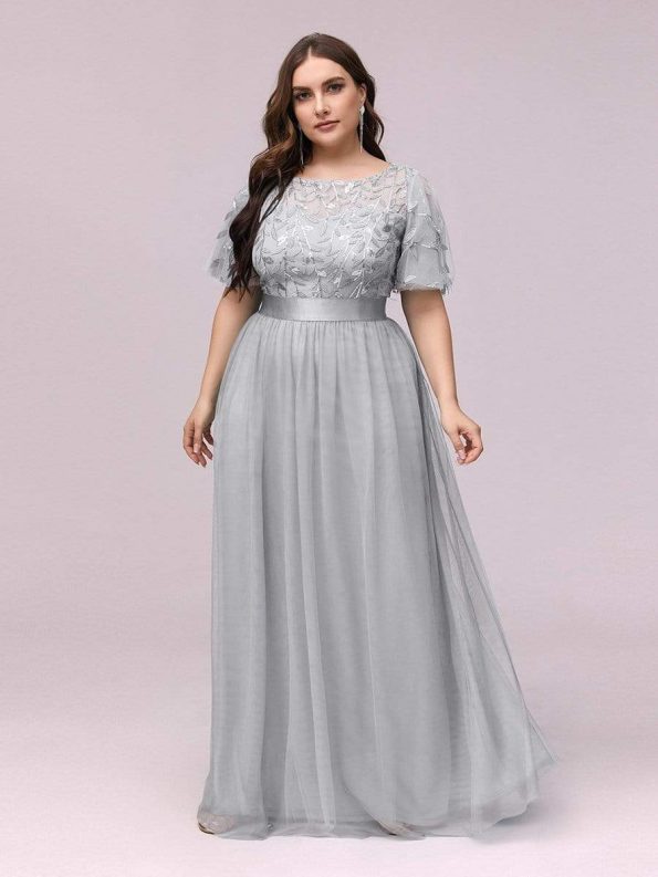 Plus Size Women's Embroidery Evening Dresses with Short Sleeve - Grey