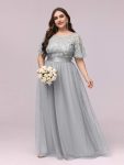 Plus Size Women's Embroidery Evening Dresses with Short Sleeve - Grey