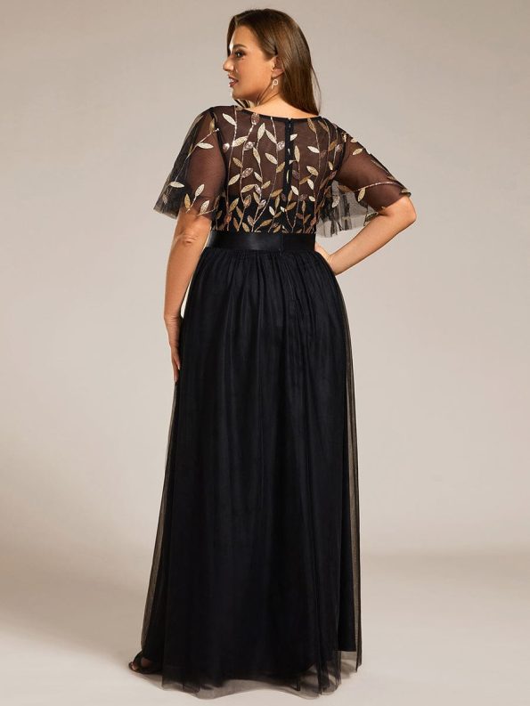 Plus Size Women's Embroidery Evening Dresses with Short Sleeve - Black & Gold