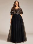 Plus Size Women’s Embroidery Evening Dresses with Short Sleeve – Black & Gold