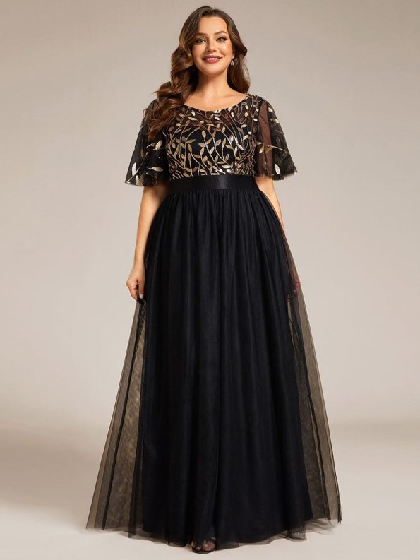 Plus Size Women's Embroidery Evening Dresses with Short Sleeve - Black & Gold