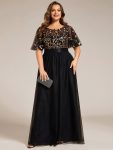 Plus Size Women’s Embroidery Evening Dresses with Short Sleeve – Black & Gold