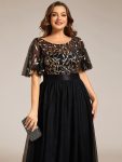 Plus Size Women’s Embroidery Evening Dresses with Short Sleeve – Black & Gold