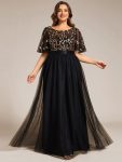 Plus Size Women’s Embroidery Evening Dresses with Short Sleeve – Black & Gold