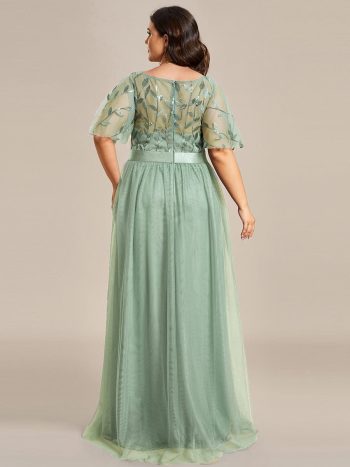 Plus Size Women's Embroidery Evening Dresses with Short Sleeve - Mint Green