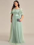 Plus Size Women’s Embroidery Evening Dresses with Short Sleeve – Mint Green