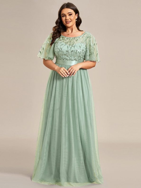 Plus Size Women's Embroidery Evening Dresses with Short Sleeve - Mint Green