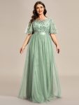 Plus Size Women's Embroidery Evening Dresses with Short Sleeve - Mint Green