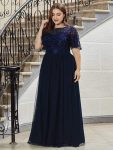 Plus Size Women’s Embroidery Evening Dresses with Short Sleeve – Navy Blue