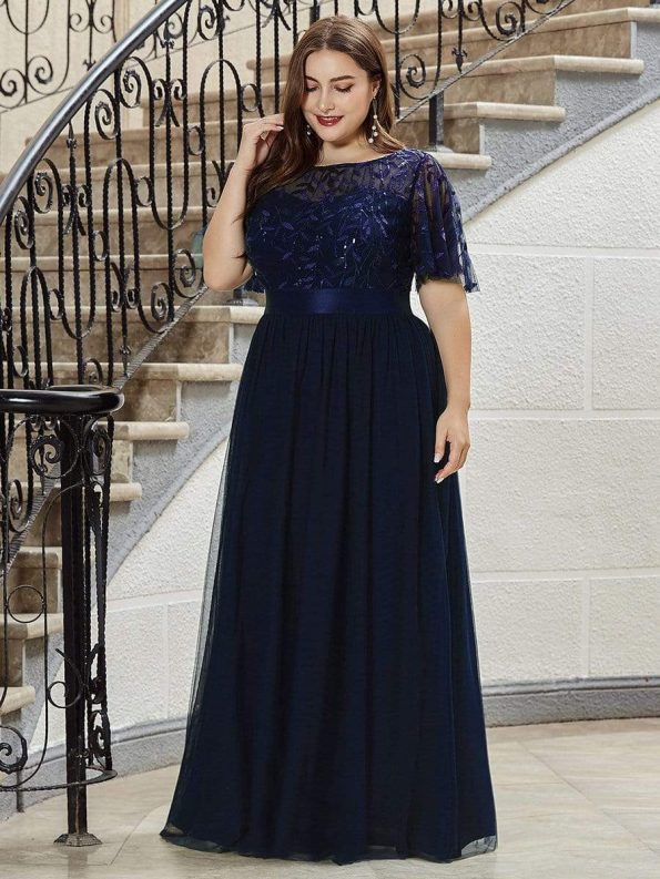 Plus Size Women's Embroidery Evening Dresses with Short Sleeve - Navy Blue