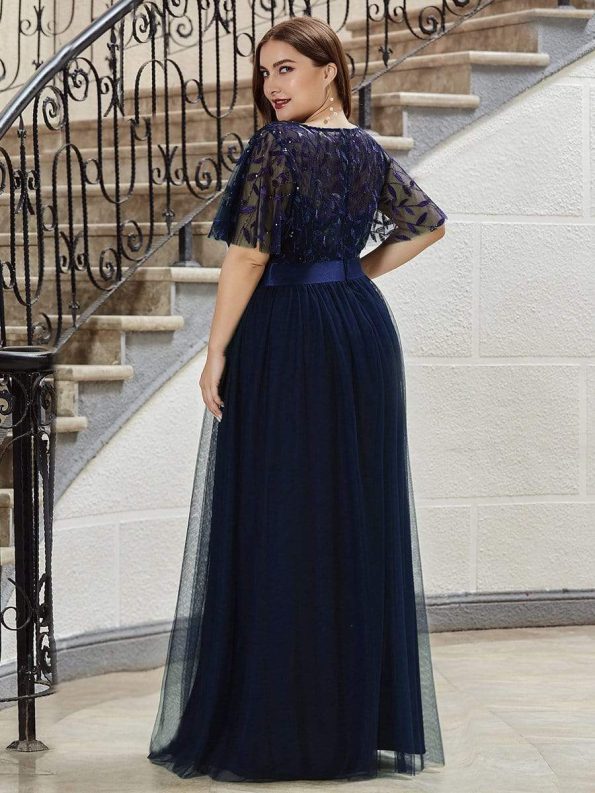 Plus Size Women's Embroidery Evening Dresses with Short Sleeve - Navy Blue