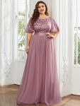 Plus Size Women's Embroidery Evening Dresses with Short Sleeve - Purple Orchid