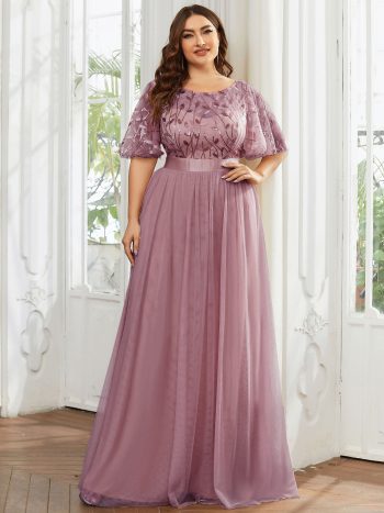 Plus Size Women's Embroidery Evening Dresses with Short Sleeve - Purple Orchid