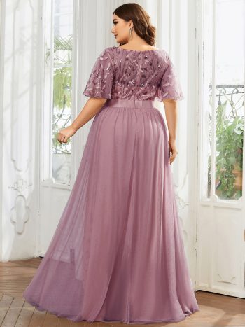 Plus Size Women's Embroidery Evening Dresses with Short Sleeve - Purple Orchid