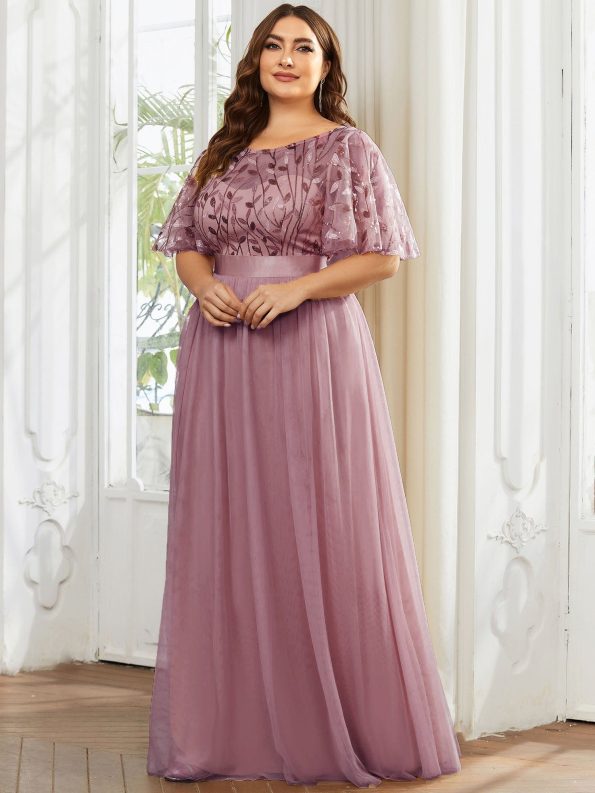 Plus Size Women's Embroidery Evening Dresses with Short Sleeve - Purple Orchid