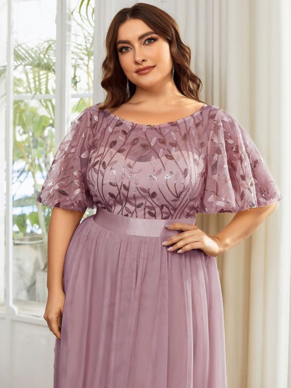 Plus Size Women's Embroidery Evening Dresses with Short Sleeve - Purple Orchid