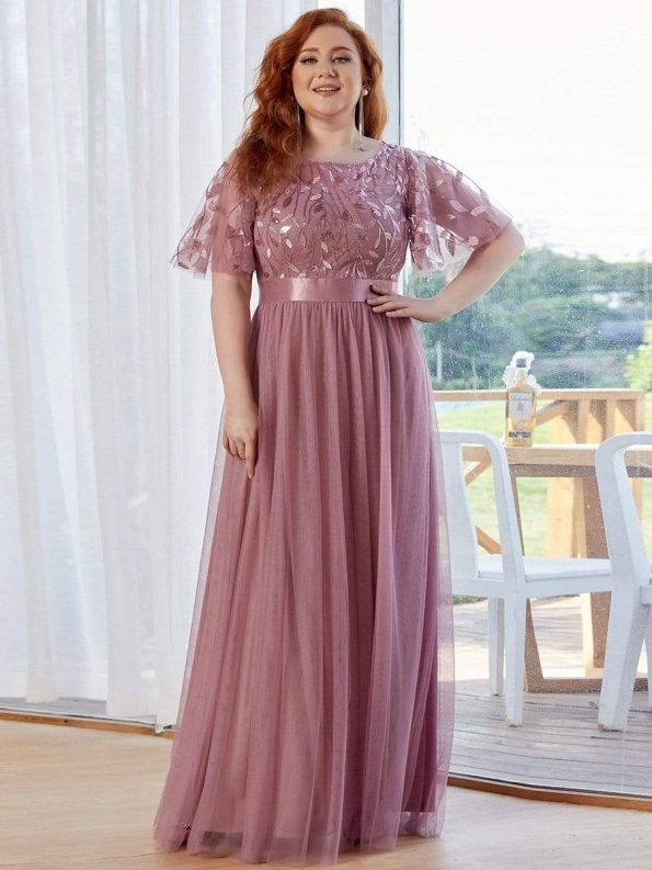 Plus Size Women's Embroidery Evening Dresses with Short Sleeve - Purple Orchid