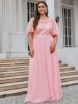 Plus Size Women’s Embroidery Evening Dresses with Short Sleeve – Pink