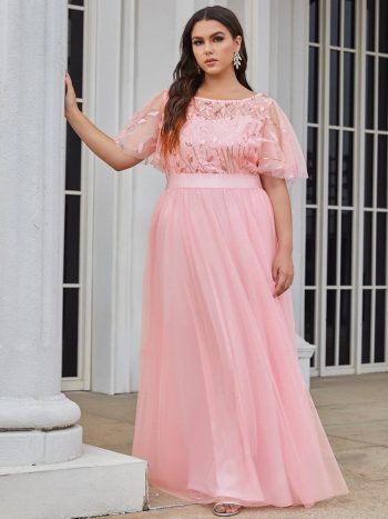 Plus Size Women's Embroidery Evening Dresses with Short Sleeve - Pink