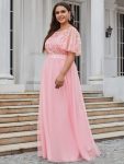 Plus Size Women’s Embroidery Evening Dresses with Short Sleeve – Pink