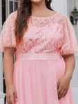 Plus Size Women’s Embroidery Evening Dresses with Short Sleeve – Pink