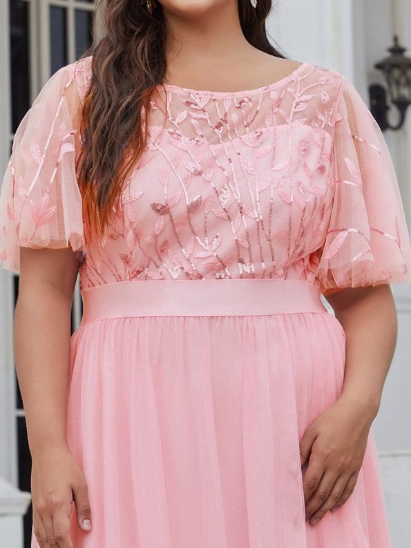 Plus Size Women's Embroidery Evening Dresses with Short Sleeve - Pink