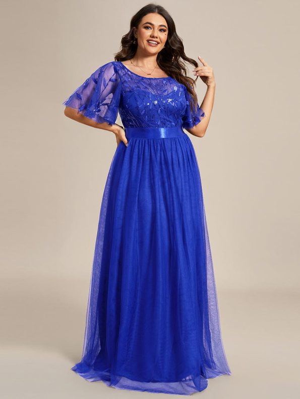 Plus Size Women's Embroidery Evening Dresses with Short Sleeve - Sapphire Blue