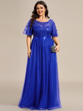 Plus Size Women's Embroidery Evening Dresses with Short Sleeve - Sapphire Blue